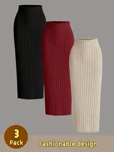 3-Pack Vertical Stripe Knit Midi Skirts, High Waist Slim Bodycon Pencil Skirts, Elegant Versatile Straight Skirts