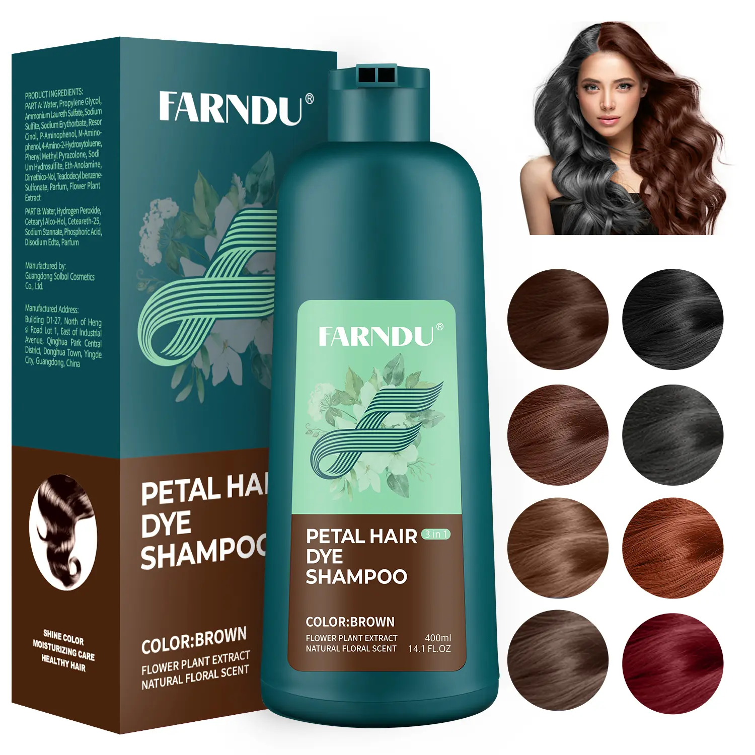 FARNDU New Upgrade - 4 In 1 Petal Hair Dye Shampoo, 10 Mins Hair Dye, Covering Grey Hair, Various Color Available, 400 mL (14.1 FL.OZ)