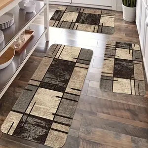 3pcs Soft Flannel Brown Geometric Pattern Kitchen Mat Set • Non-Slip, Absorbent, Decorative Rugs, Machine Washable, Durable Rectangular Polyester Mats for Kitchen & Dining Room • Modern Kitchen Decor, Kitchen Decor And Accessories