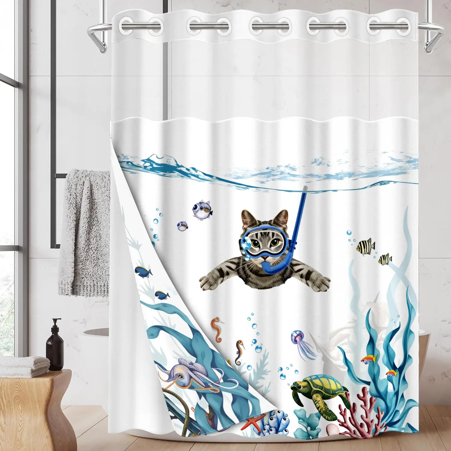 1PC 2D Flat Double Layer Shower Curtain, Fun Ocean Style Decor, Snorkeling Cat & Sea Creature Print, Cute Cartoon Design, Clear Top Window & Detachable Snap-In Liner, Waterproof & Mildew Resistant, Thick & Washable Bathroom Curtain (No Hooks Included)