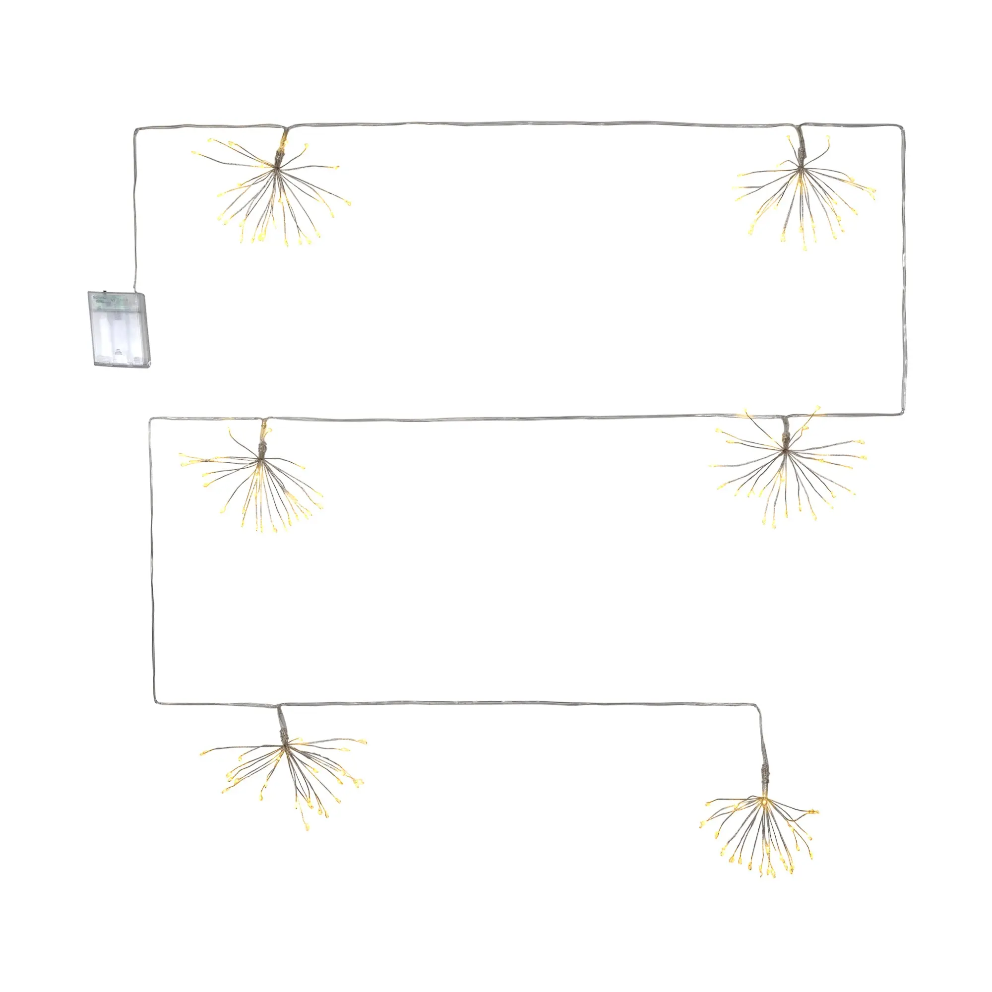 LumaBase Starburst Garland String Lights by JH Specialties Inc. - 25 Warm White Bulbs, 112in White Cord, Battery-Powered (DC Power Supply), 6H On/18H Timed Cycle, Bendable Wires for Adult Indoor Festive Illumination, Energy Efficient, Batteries