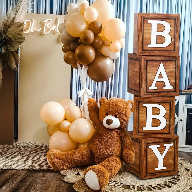 [4pcs Vintage Wood Grain Balloon Box] 4pcs/Set Vintage Wood Grain Baby Letter Balloon Box | Retro Brown Ballon Blocks for Baby Showers, Gender Reveal Backdrop, 1st Birthday Party Decoration, Holiday Decoration, Scene Decoration, Birthday Pa