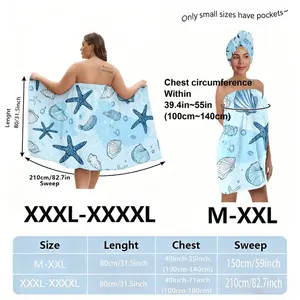 Women's Light Blue Beach Turban & Wrap Set with Seashell Starfish Pattern - Matching Head Turban + Skirt/Triangle Diagram (for Spa/Beach/Holiday) | One Size & XXXXL Plus Size