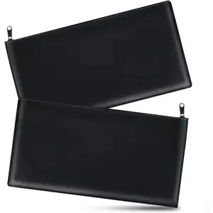 2-Pack Money Bags with Zipper 11x6.1" PU Leather Bank Deposit Cash Pouch Secure Zippered Bank Bag for Bills Coins Checks Business Travel Black