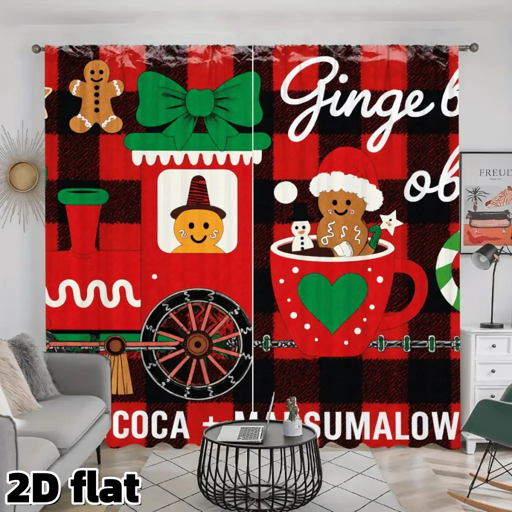 2D Flat 2Pcs Festive Gingerbread Buffalo Plaid Home Decoration Curtain, Christmas Holiday Theme, Rod Pocket Design, Marshmallow Hot Cocoa Print, Semi Sheer Polyester, Perfect for Living Room Kitchen Dining Decor, Red Black Pattern Window Treatment