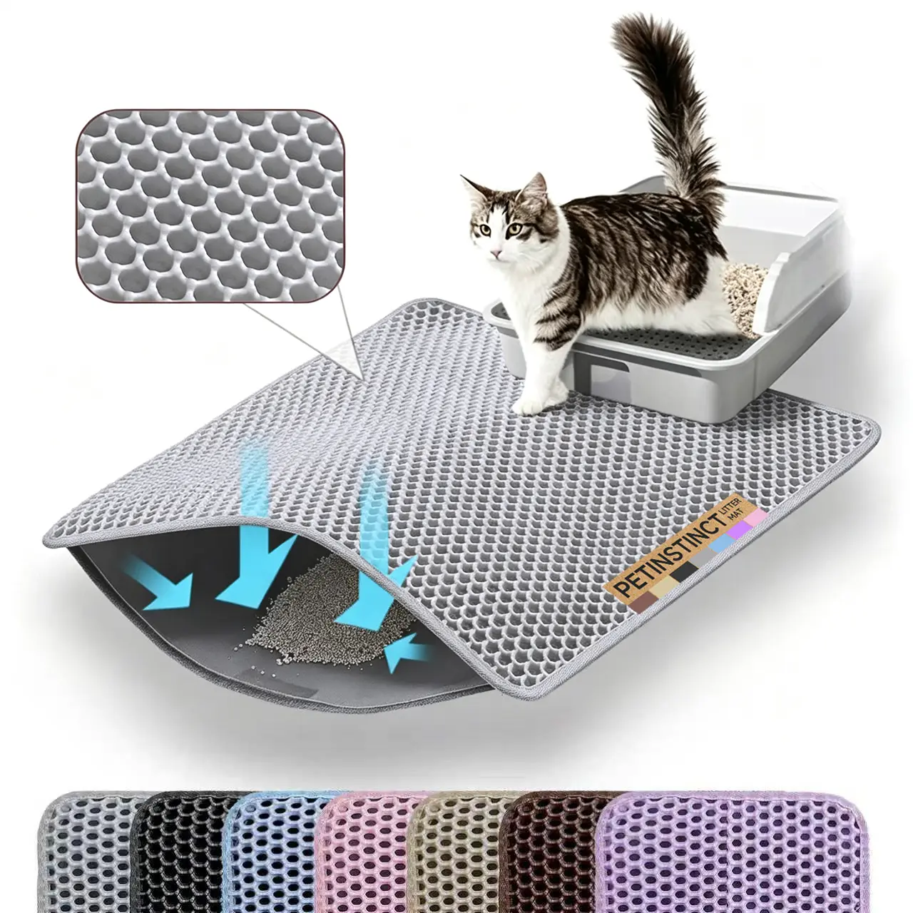 Petinstinct Cat Litter Mat, Double Layer Honeycomb Cat Litter Trapping Mat, Non Slip Waterproof Urine Proof Litter Box Mat, Scratch Resistant Durable Litter Rug