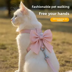 Cat Leash Anti-Escape Walking Cat Leash Leather Shiny Silk Big Bow Cat Harnes Leash