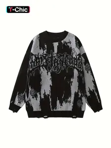 Women's Colorblock & Letter Print Ripped Round Neck Fitted Sweater, Casual Drop Shoulder Long Sleeve Jumper, Ladies Knitwear for Fall & Winter Daily Wear Tops Fashion Womenswear