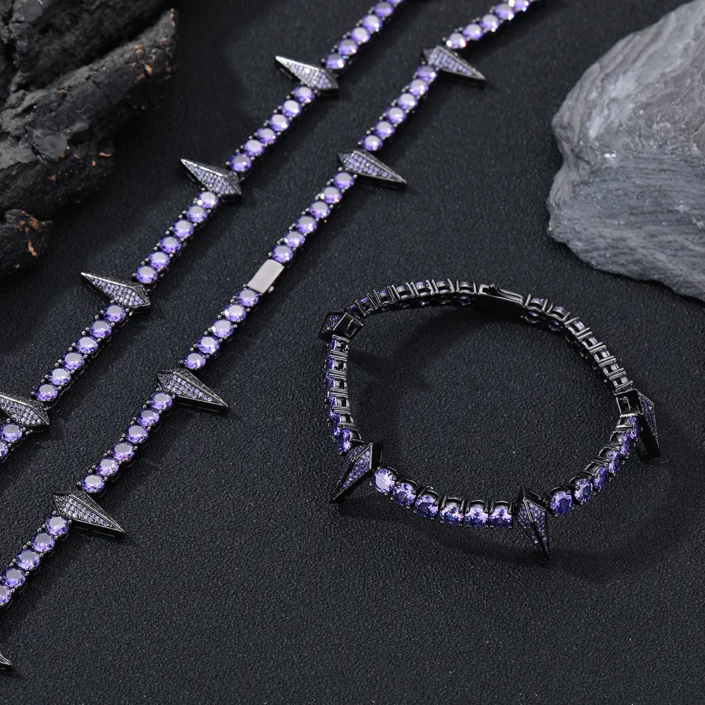 Black Panther-themed All-Diamond Black Hip-Hop Tennis Necklace and Bracelet Set Unisex Luxury Streetwear Accessories Accented with Purple Gemstones The Perfect Gift