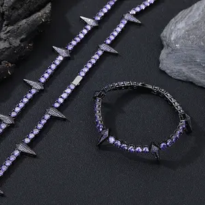 Black Panther-themed All-Diamond Black Hip-Hop Tennis Necklace and Bracelet Set Unisex Luxury Streetwear Accessories Accented with Purple Gemstones The Perfect Gift