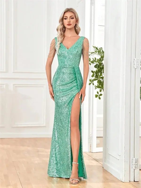 Elegant V-Neck Green Sequin Evening Dresses Long 2026 Luxury Women Formal Dress Wedding Party Prom Beading Gown