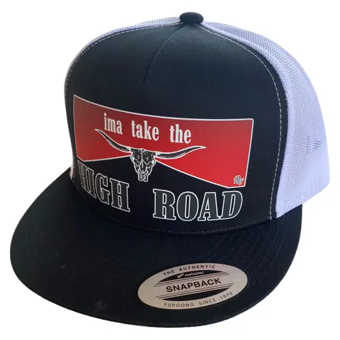 RW "I'ma Take the High Road" Unisex 5-Panel Twill Classic Snapback Flat Bill Hat - Black Adjustable Fit Baseball Cap, Fashion Casual Bold Style, Red and White Brand Graphic Logo Print, Mesh Back Black Graphic Hats