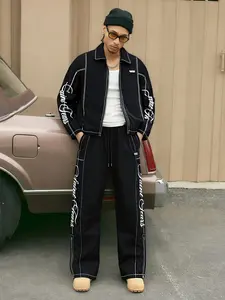 Men's Street Style Fitted Casual Short Shirt and Pants Set, Handwritten Graphic Pattern Design, Drawstring Long Pants, Zipper Shirt; Y2K Slogan Print