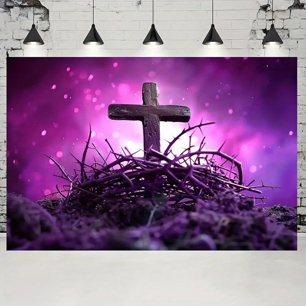 1pc Polyester 2D Flat Easter Cross & Crown of Thorns Banner, Non-Electric Religious Indoor Decor Backdrop, Suitable for Entryway (cm)
