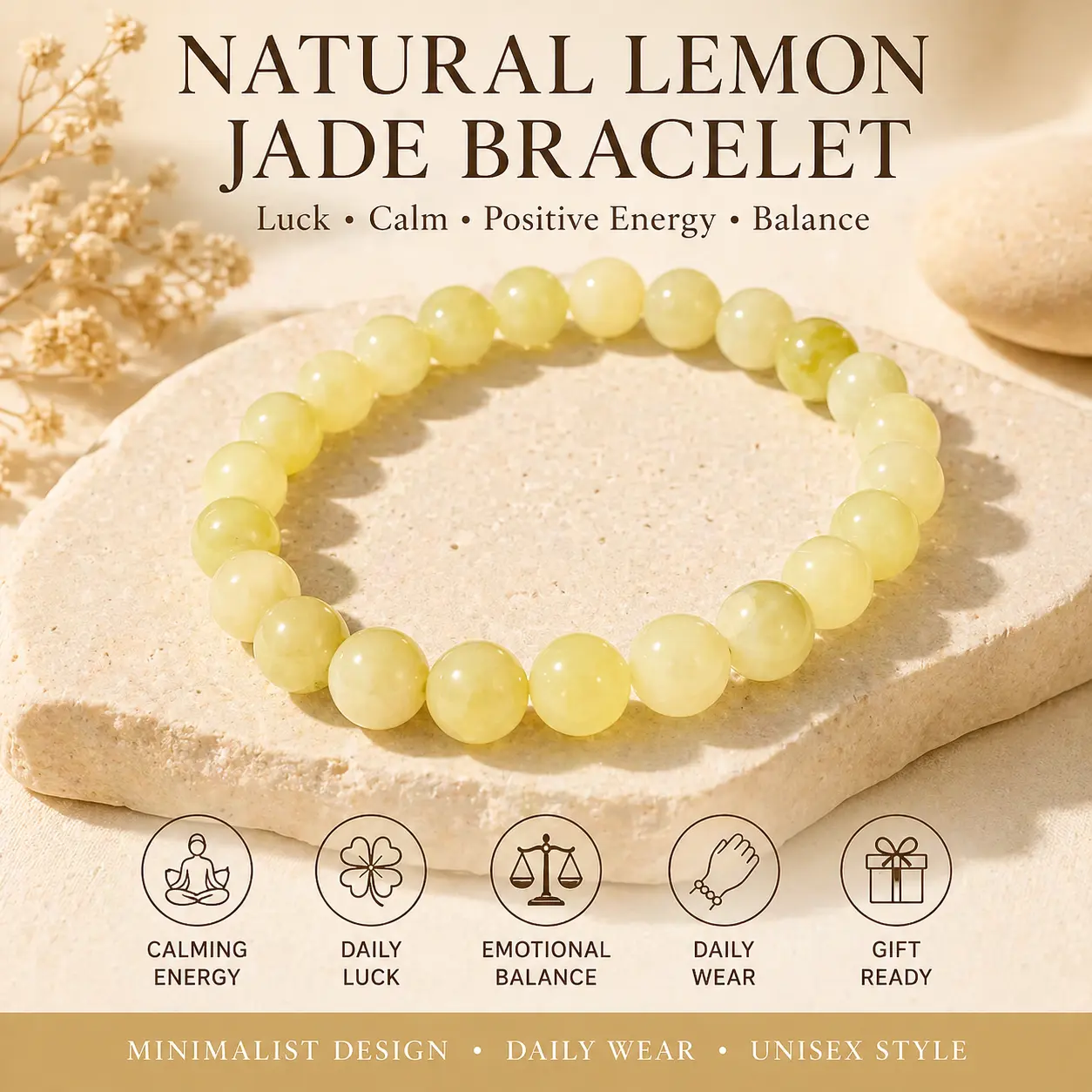 Natural Lemon Jade Bracelet, Yellow Gemstone Energy Bracelet for Happiness, Confidence, Abundance, Good Luck, Positive Vibes, Balance, Unisex Gift, TikTok Made Me Buy It, SummerWins DealsForYouDays Jade Green Green Imperial Jade