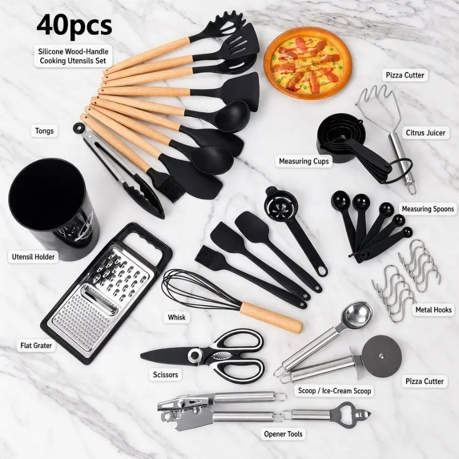 40-Piece Kitchen Utensils Gadgets Set with Storage Bucket, Silicone-Wooden Handles, Heat-Resist. Nonstick Cookware, Measuring Sets for Home Baking & Cooking