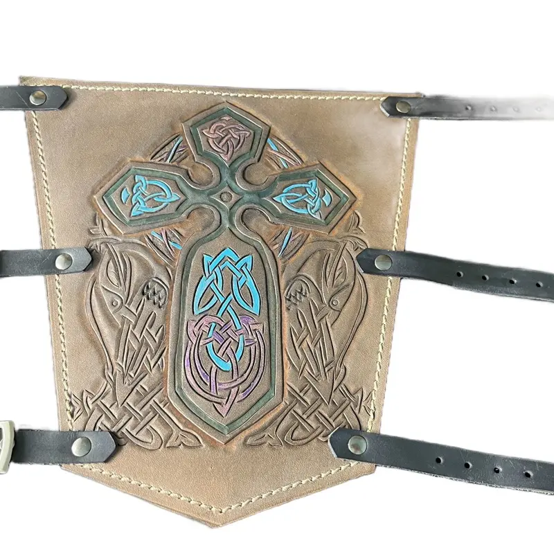Celtic Leather Archery Arm Guard with Toled Cross and Herons, Featuring Decorative Detailing, Includes Buckles