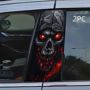 2pc Cool Skull Car B Pillar Stickers, Headscarf with Flame, Skeleton Eye Design, Dark Stylish Style for Cars Suv Mpv