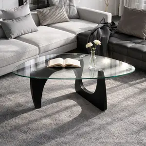 Modern Sculptural Glass Coffee Table, 35.8" Triangle Tempered Glass Top with Solid Oak Legs, Mid-Century Modern Style, 130 lbs Load Capacity for Living Room and Patio
