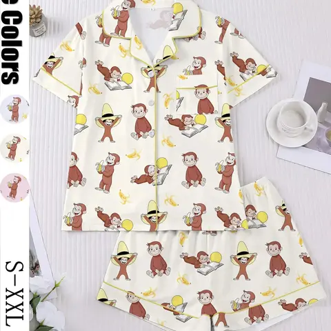 Women's Monkey Banana Printed Sleepwear Set, Loungewear, Comfortable Short Sleeve Button Shirt & Loose Elastic Shorts, Fashion Casual Home Wear, Pajama Set, Matching Pj Set
