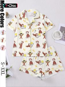 Women's Monkey Banana Print Sleepwear Set, Comfortable Short Sleeve Button Shirt & Loose Elastic Shorts, Fashion Casual Home Wear