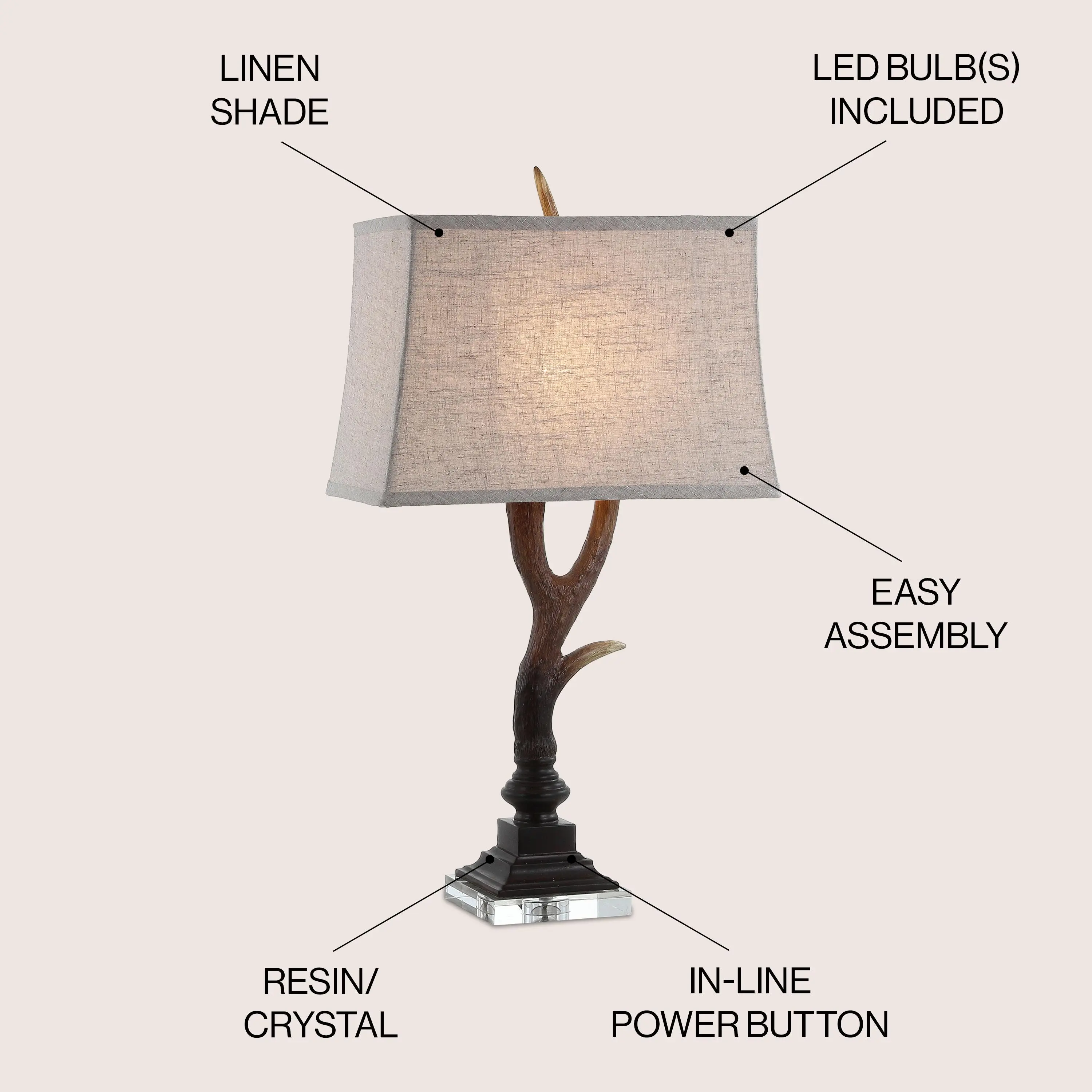JONATHAN Y Antler 29.5" Rustic Resin Crystal Metal Table Lamp | Light Grey Linen Shade, LED Bulb Included, UL Listed, Cabin Lodge Decor, In-Line Switch, Silk-Wrapped Cord