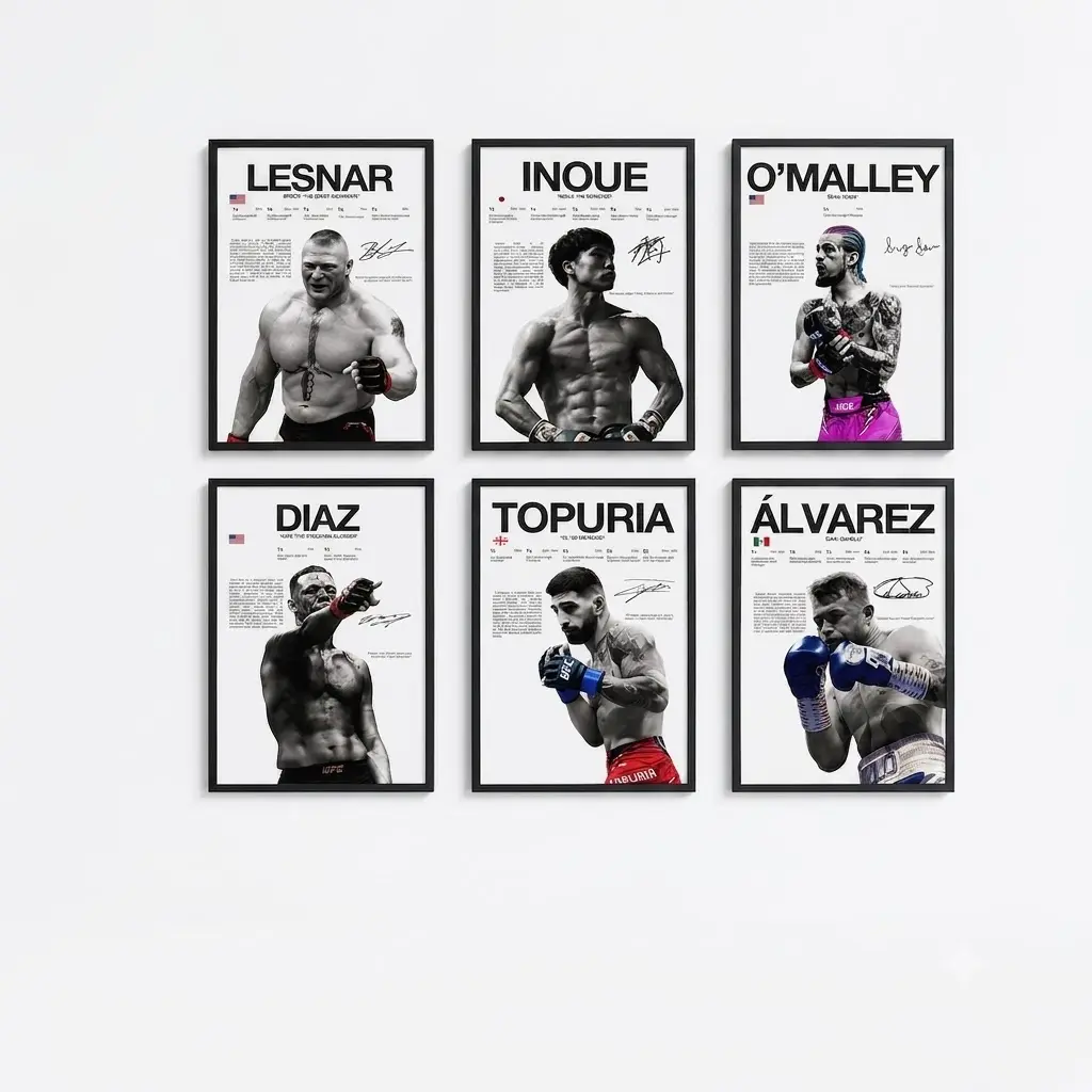 UFC Fighting Legends Canvas Wall Art Set, Lesnar Inoue O'Malley Diaz Topuria Álvarez Minimal Stats Biography Signed Print, MMA Fighter Monochrome Gallery Wall Decor, Gift For Combat Sports Fans Man Cave Gym 2. （TikTok/Instagram ）