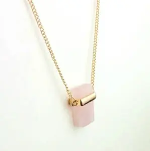 N79- Pink Quartz Necklace Rectangle Natural Stone Pendant!