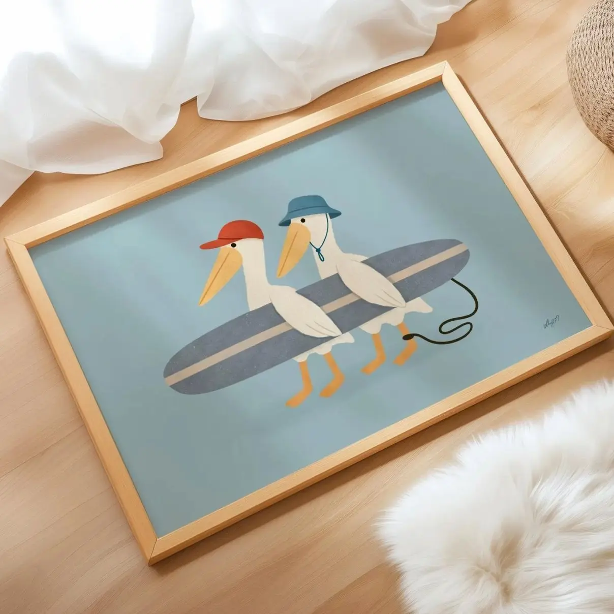 Pelican Surf Wall Art, Coastal Kids Room Decor, Beach Nursery Print, Nautical Bird Illustration X