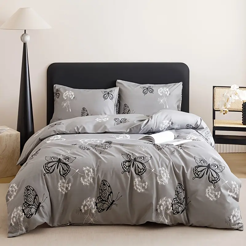 Gray Polyester 3-Piece Duvet Cover Set - Animals, Plants (Butterfly & Dandelion) Nature-Inspired, Includes 1 Duvet Cover + 2 Pillowcases (Inserts Not Included) for Dormitory, Home - Fits Double, King Beds, Home/Dorm