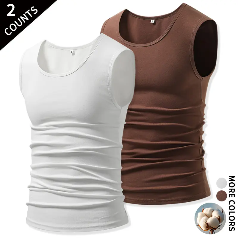 2 Pack Basic Men’s Breathable Cotton Tank Tops, Soft Sleeveless Undershirts for Gym Training, Daily Layering, and Outdoor Walking
