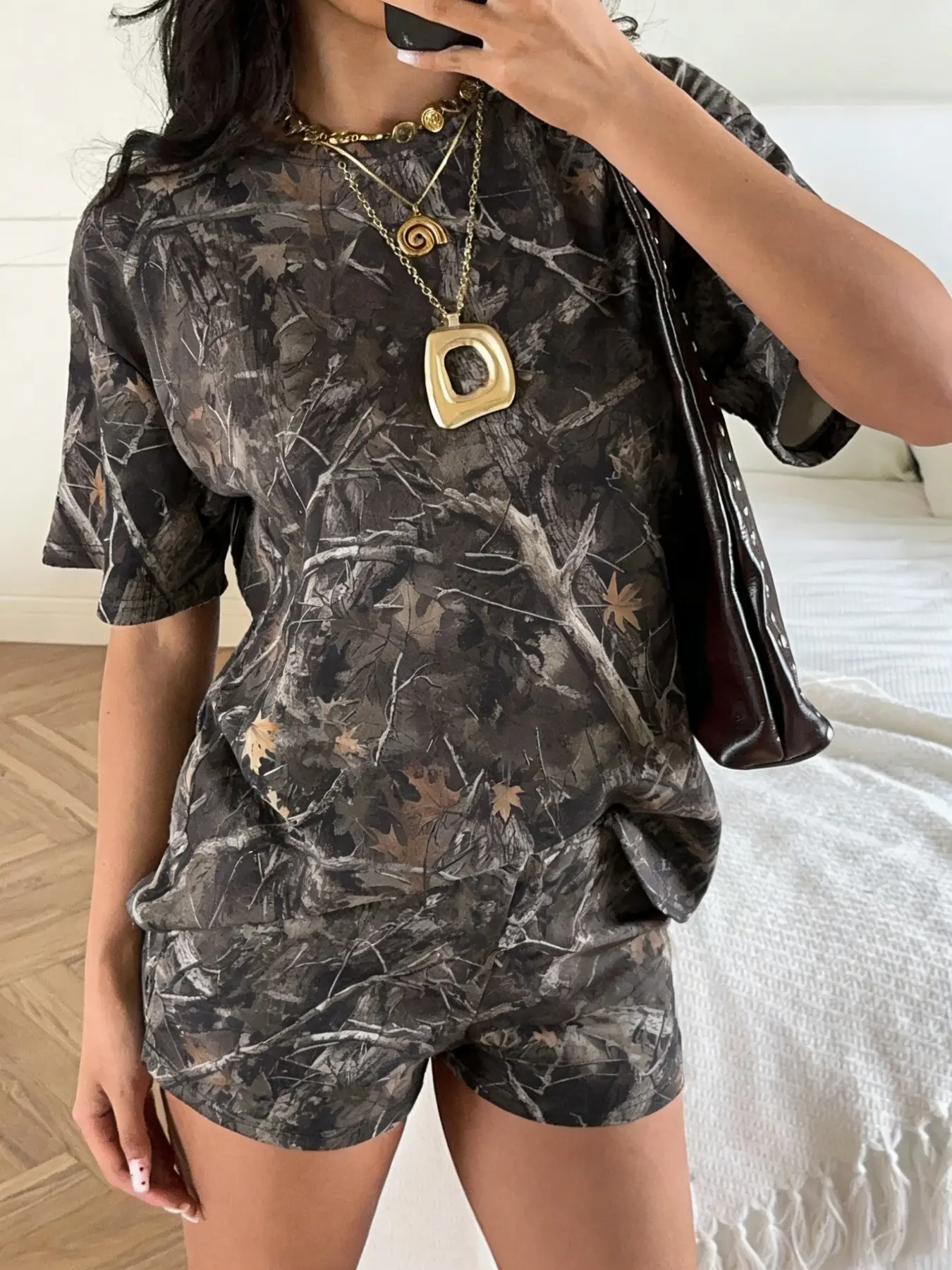 Realtree camouflage print women's two-piece set - loose short-sleeved T-shirt & high-waisted shorts set, Y2K street casual matching set, casual summer pajama set, street sports set, Loungewear, PJ Sets, Casual Style Loungewear, Womenswear