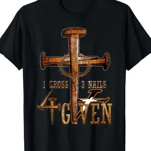 Men's Christian Religious T-Shirt - Heavyweight 180gsm Cotton Tee with 1 Cross 3 Nails 4 Giving Gospel Design - Black & Golden Christian Cross Print - Plus Size Available - Church Events, Everyday Faith Apparel - Machine Washable - Ideal Easter, Christmas