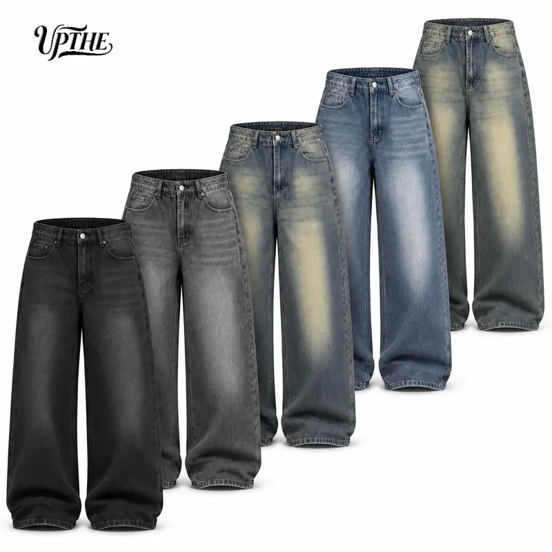 UP THE Menswear Button-Front Plain Oversized Loose Straight-Leg Denim Jeans, Stylish Street Style Men's Bottoms for School, New Year Outfits