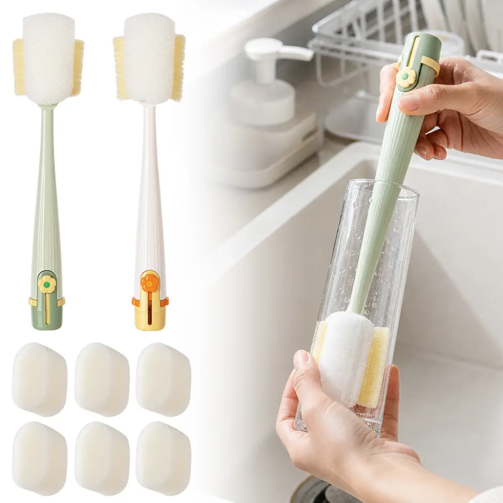 2 pcs 5-in-1 bottle cleaning brush set, with 6 replacement sponge heads, equipped with an ergonomic long handle, multifunctional cleaning brush, used for cleaning baby bottles, water cups, and drinking cups