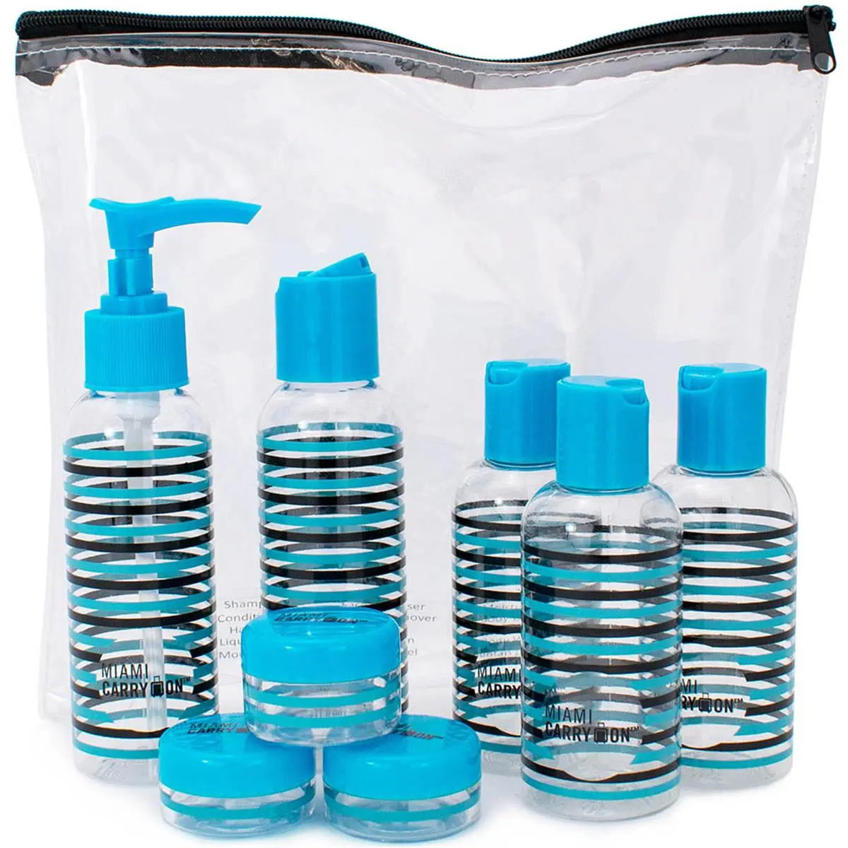 Miami CarryOn TRBT08SP 9-Piece TSA Approved Travel Container Set - BPA Free, Eco-Friendly, Zipper-Included, 1x10ml Containers, 1x15ml Jar, 1x Bottle Dispenser (Stripes), 1 X 15Ml Jar