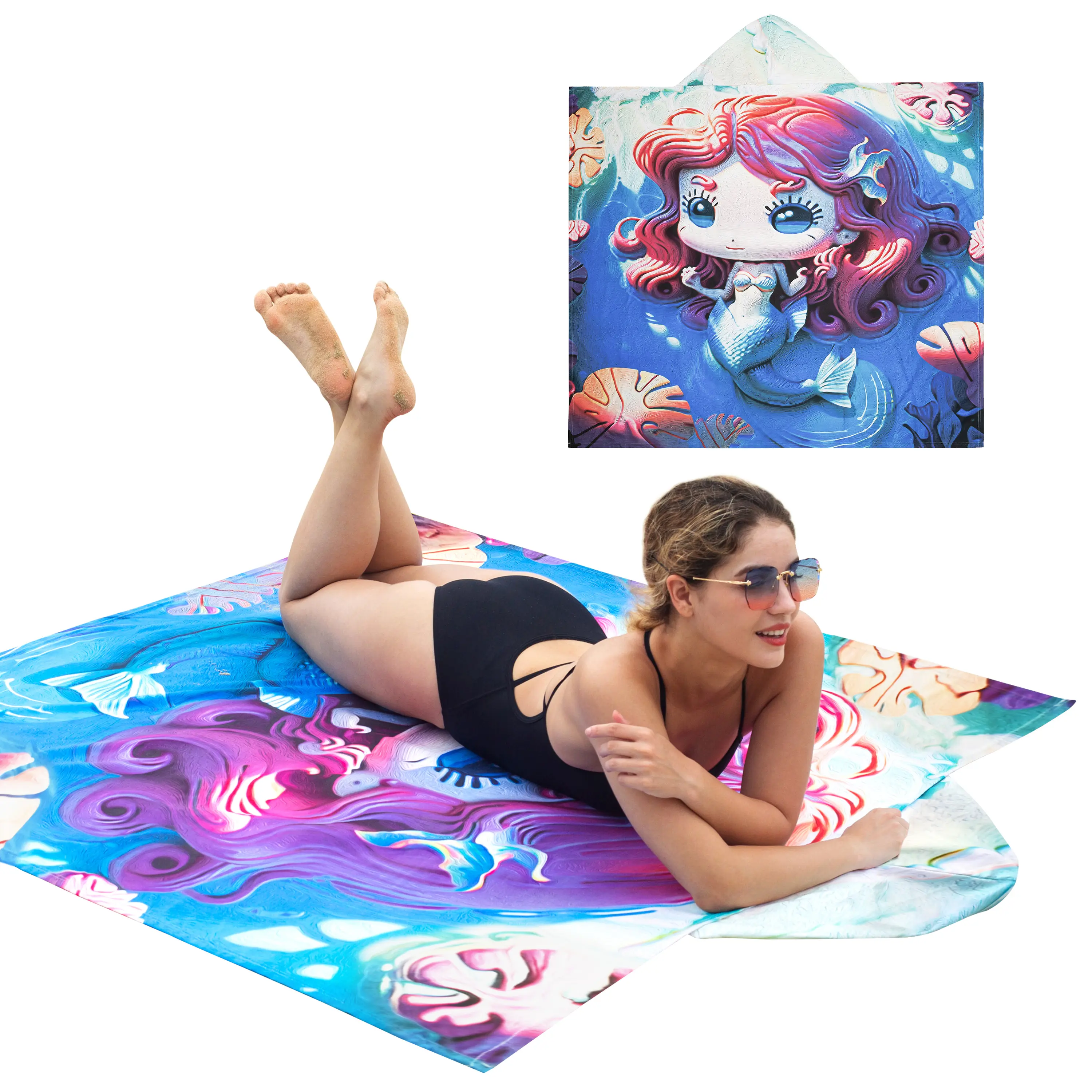 Catalonia Hooded Beach Towel, Summer Beach Gift, Microfiber Swim Pool Towel Poncho with Hood, Sand-Free Towel for Kids and Adults, Summer Fun Gifts, Mermaid Gift