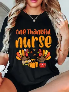 100% Cotton One Thankful Nurse Turkey Thanksgiving Fall Scrub Top Women T-Shirt