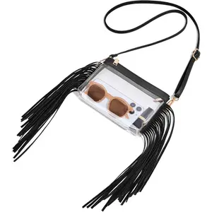 Clear Crossbody Bag Stadium Approved, Western Transparent Purse with Leather Fringe Brown Tassel for Women Concerts Sports Events