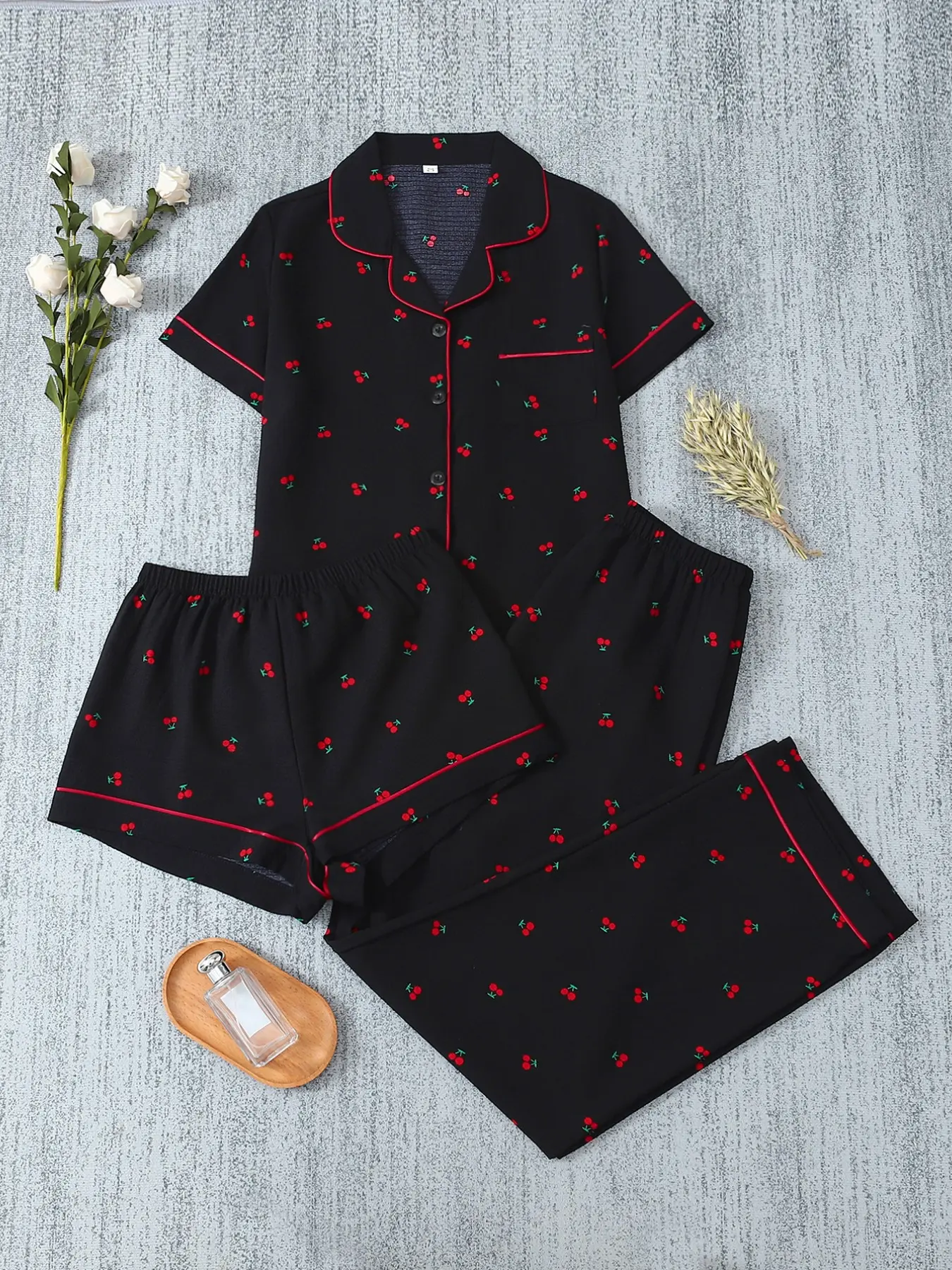 Women's Bubble Pleated Home Set, Small Cherry Print Sleepwear Suit, Short Sleeve Fitted Casual Wear, All Seasons Comfortable Pajama Set, Pajamas Set