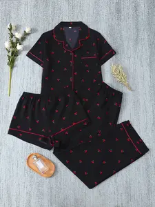Women's Bubble Pleated Home Set, Small Cherry Print Sleepwear Suit, Short Sleeve Fitted Casual Wear, All Seasons Comfortable Pajama Set, Pajamas Set