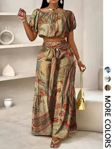 Women's Summer Paisley Print Vintage Vacation Two-Piece Set, Off-Shoulder Bubble Sleeve Crop Top + High Waist Drawstring Wide Leg Pants