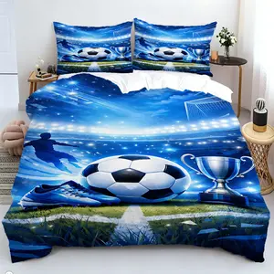 Football Stadium Theme Duvet Cover Set, 2/3Pcs Vivid Blue Field Soccer Ball Cleats Trophy Print Bedding Set, Soft Cozy Bed Linen, Great Gift for Soccer Fans, Teen Boys, Includes 1 or 2 Pillowcase - No Filling/Zipper Closure, Football Themed Duvet Set