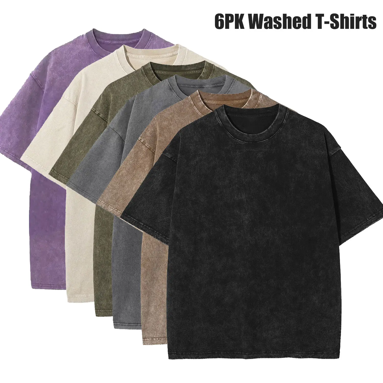 Women's 6-Pack Solid Plain Heavyweight Pure Cotton Oversize Cut Short Sleeves Retro Street Round Neck Cold Wash Affordable Tops - Black, Blue, Coffee, Grey, Apricot, Green
