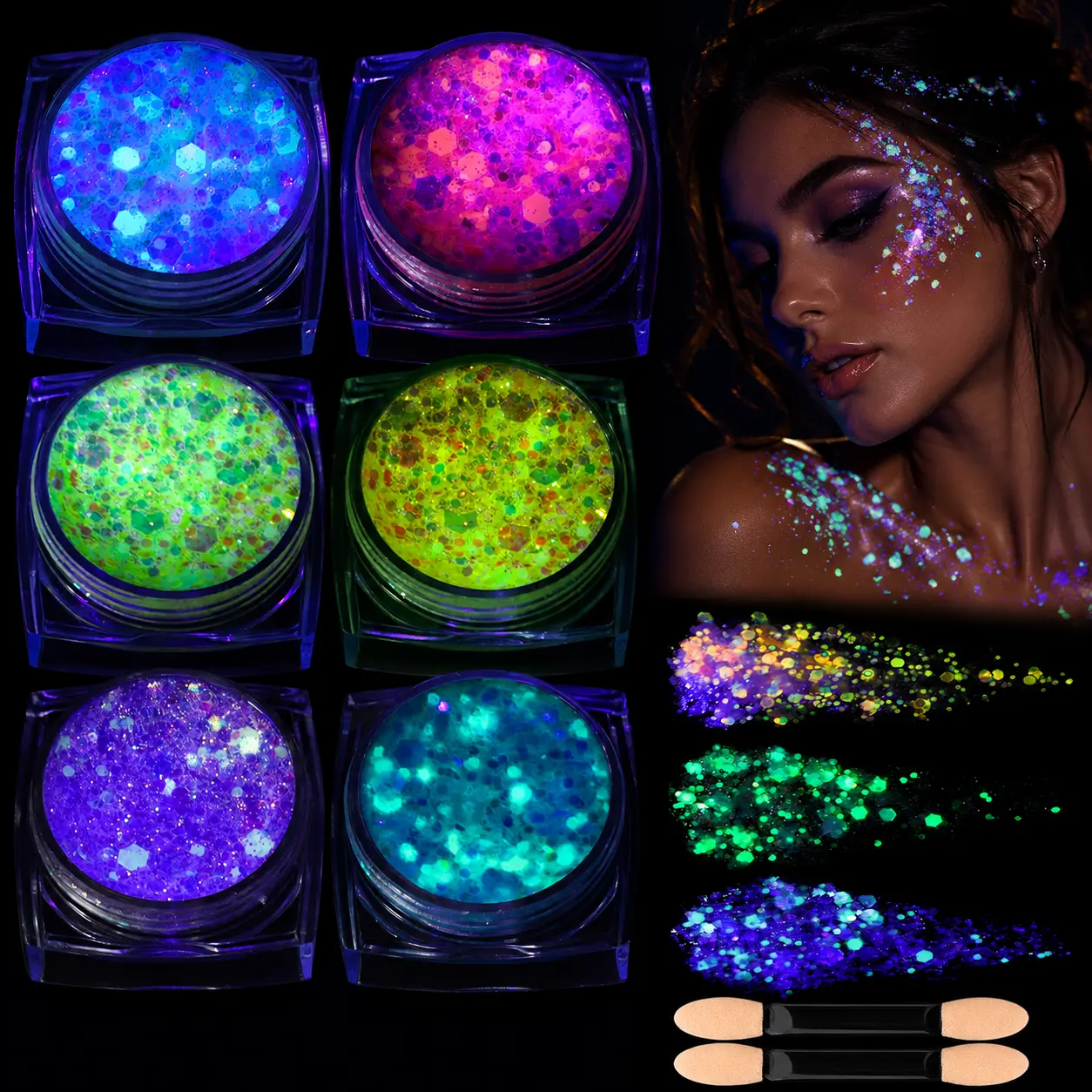 Glow in the Dark Glitter Gel, Face Body & Hair Glitter Makeup for Carnival, Parties, Raves, Festivals & Cheer