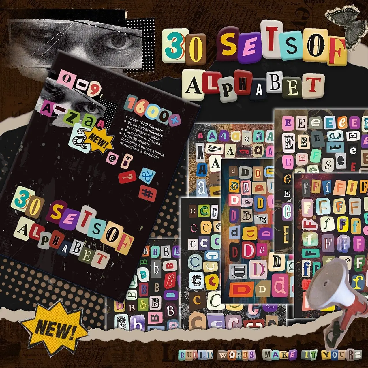 1600+pcs Alphabet Sticker Book, 30 Sheets A-Z Mixed Font Letter Stickers, One Page Per Letter for Journal, Scrapbook, Scrapbooking, Laptop, Phone Case & Gift Box for Stationery Lovers, Creatives & Collectors