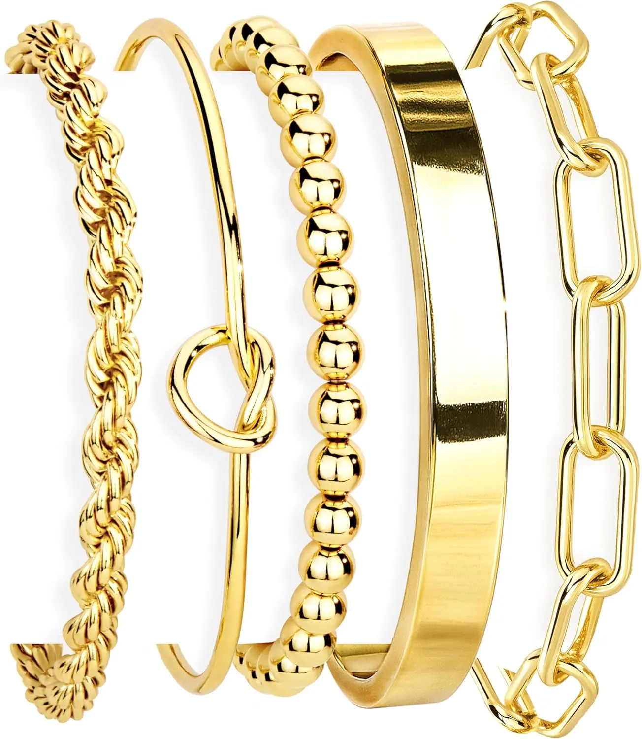 Gold Bracelets Set for Women Non Tarnish, Waterproof 14K Gold Plated Sterling Silver Chunky Cuff Bracelet Stackable Gold Bangles Bracelet for Women Trendy Fashion Accessories Tie Knot Cuban Rope Paperclip Beaded Bracelet Stack Jewelry Mothers Day Gifts