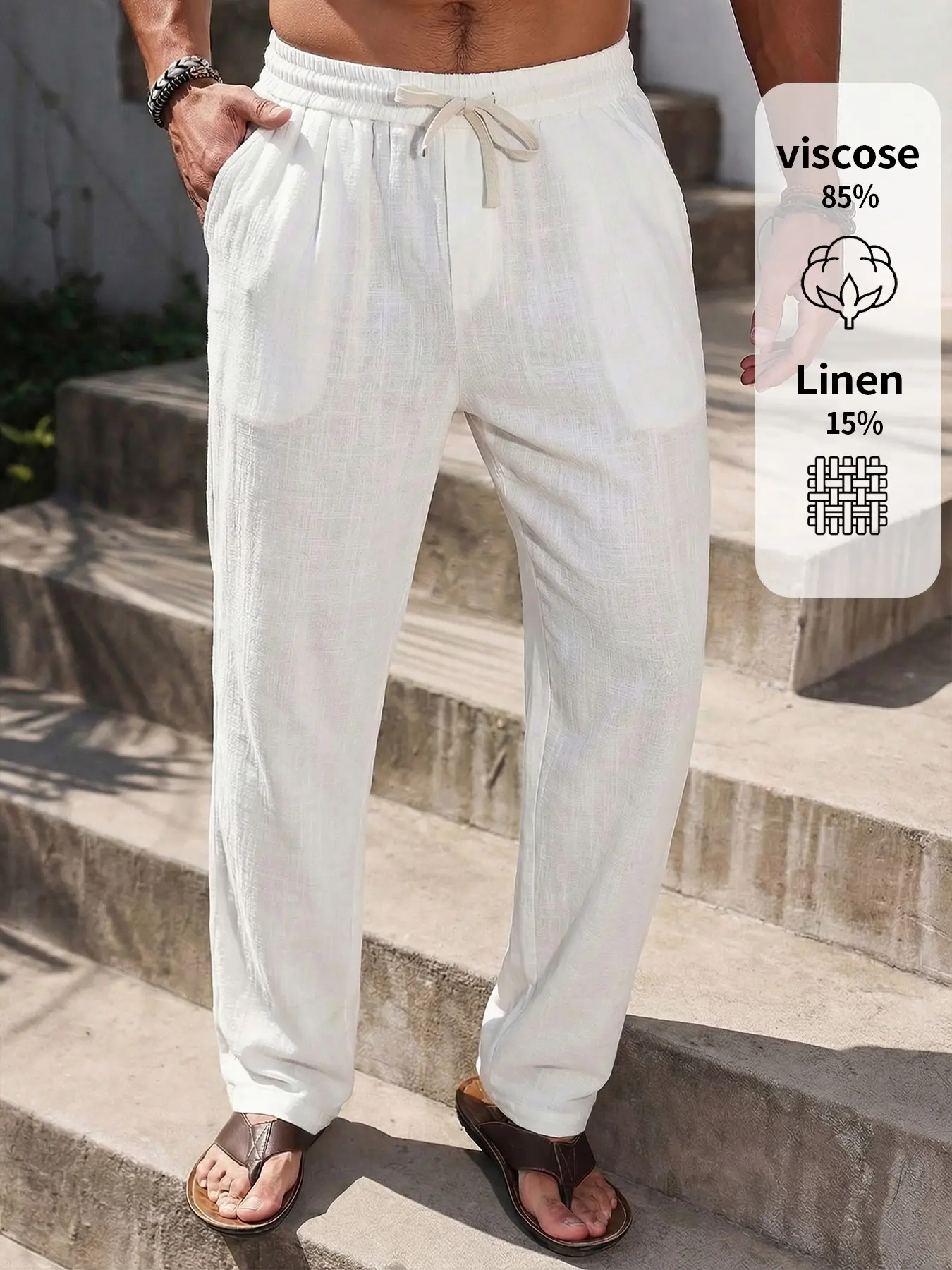 Men's Casual Linen Pants Solid Color Loose Fit Elastic Drawstring Waist Straight Legs Bottoms Summer Lighweight Breathable and Soft Yoga Beach Long Pants with Pockets Wedding Partise Vacation Daily Going Out Dating Club Lounge Wear, White, Casual Trousers