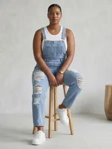 Women's Plus Size Denim Overall Pants, Ripped Trendy Design, Summer Cool Wear, Adjustable Straps, Casual Long Pants for All Seasons