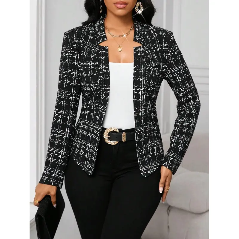 Women's Chic Plaid Print Open-Front Blazer Jacket - Soft Fabric, Long Sleeve, Button Accent, Flattering Fit for Fall/Winter